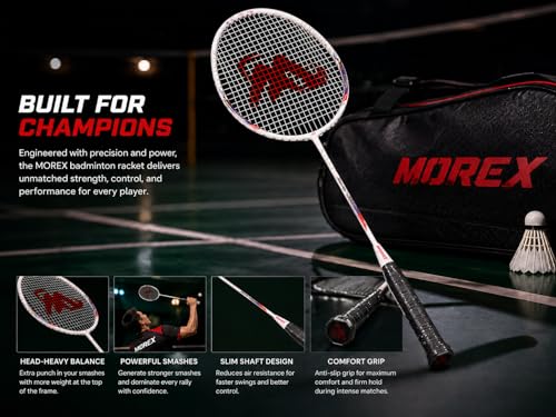 Image of Morex Carbon Graphite Badminton Racket with Full Cover Bag | Durable Carbon Shaft & Curve Frame for Better Sweet Spot & Smash Power | Ideal for Beginners & Advanced Players (Black)