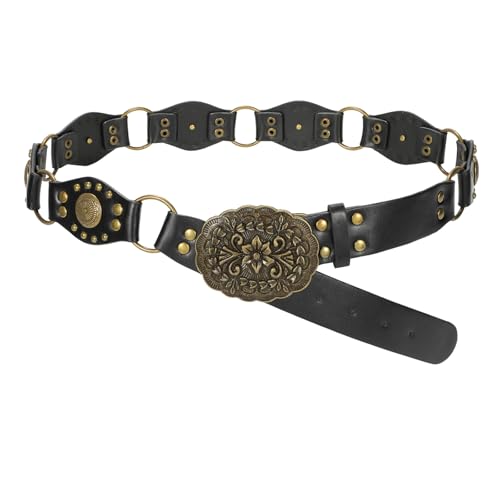 SUOSDEY Western Belts - Cinturón de cuero con remaches de vaquera vintage para mujer, cinturón de cintura punk Y2K para pantalones de vestir, A-negro, Suitable waist size below 36'
