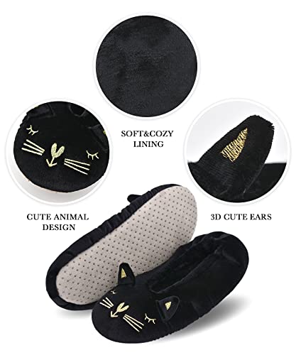 DICUIRD Womens Animal Soft Sole Slipper with Grippers-Ballerina/Ballet Style House Cat Slippers 2 Pairs(Black&Silver cat,5-7.5)3