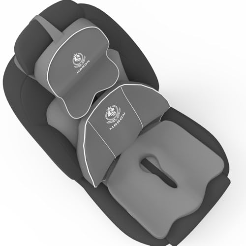 Image of MRRON Memory Foam Car Seat Cushion Combo - Backrest, Coccyx Cushion & Neckrest - Orthopedic Support for Back, Tailbone, Sciatica & Neck Pain - Ergonomic Comfort for Car, Office. (Grey, Spine Support)