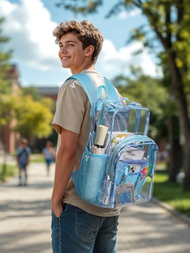 Image of Clear Backpack for School, Heavy Duty Transparent Bookbag | Reinforced Biuld, 0.5mm Thick PVC, Padded Straps, 6 Pockets, Fits Boys /Girls /Adults, for College Work Travel