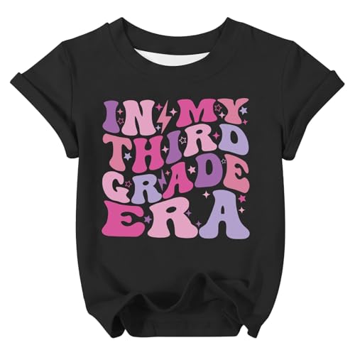2026 Camiseta Infantil Manga Corta para niñas Holgada Cuello Estampado cómoda Transpirable Ideal Verano Escuela Uso Diario (Black, 4-5 Years)