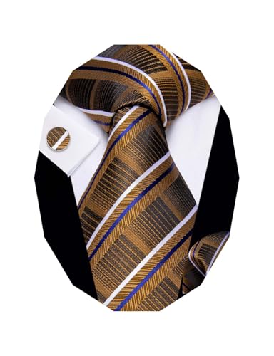 Image of YourTies Striped Ties for Men Classic Woven Silk Necktie with Handkerchief Cufflinks Set Formal Business Party Wedding