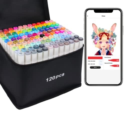 Vokiuler 120 Farben Alkohol Marker Set mit App, Dual-Tip Marker Stifte zum Ausmalen, Schnelltrocknende Permanenter Markers für Manga Design Tochter Zeichnen, mit Tragetasche