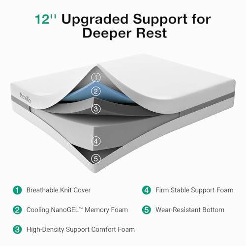 Image of Novilla Queen Mattress, 12 Inch NanoGEL Memory Foam Mattress Queen with Upgraded Dual-Support for Spinal Alignment & Pressure Relief, Cool Foam Mattresses in a Box with Breathable Cover, Medium Firm