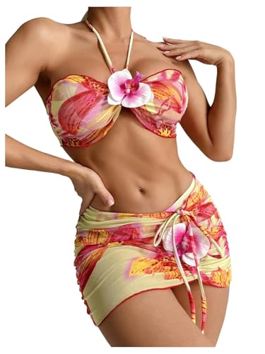 Bikini de 3 piezas floral con cuello halter y falda de playa para mujer