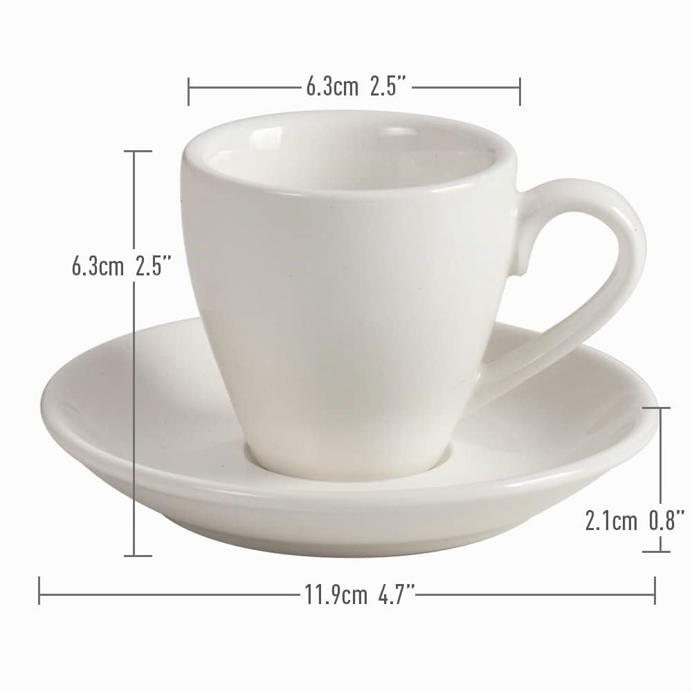 ionEgg Tazza da caffè in porcellana con piattino e mini cucchiaini in acciaio inox, 80 ml, confezione da 2, bianco