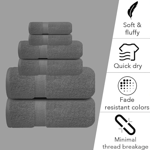 Image of Sulfar 100% Combed Cotton, 6 Pcs Towel Set - 2 Bath Towels (70 x 140 cm), 2 Hand Towels (40 x 70 cm) and 2 Washcloths (30 x 30 cm) (600 GSM, Pack of 6) Grey
