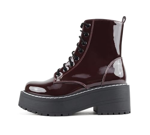 Soda FLING Women Chunky Lug Sole Lace up Fashion Combat Ankle Boot w/Side Zipper (Burgundy Patent, 8)