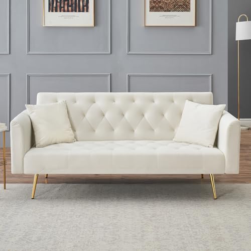 71 Modern Velvet Sofa Bed Futon Convertible Sleeper Couch with Adjustable Backrest Tufted Recliner Loveseat with Golden Chrome Legs & 2 Pillows for Small Spaces Living Room Apartment (Beige)