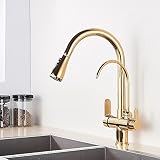 Grifo mezclador para fregadero de cocina, grifos de cocina con filtro de oro negro, grifo de cocina con doble caño giratorio de agua pura, grifo mezclador filtrado de dos manijas para cocina fácil de
