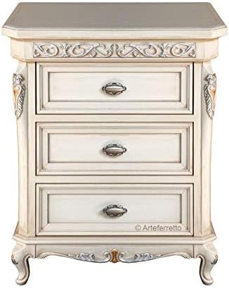 Classic nightstand for bedroom, carved bed side table, white and silver bedside table, 3 drawers nightstand in classic style, elegant bedside table for classic bedroom, made in wood by artisans