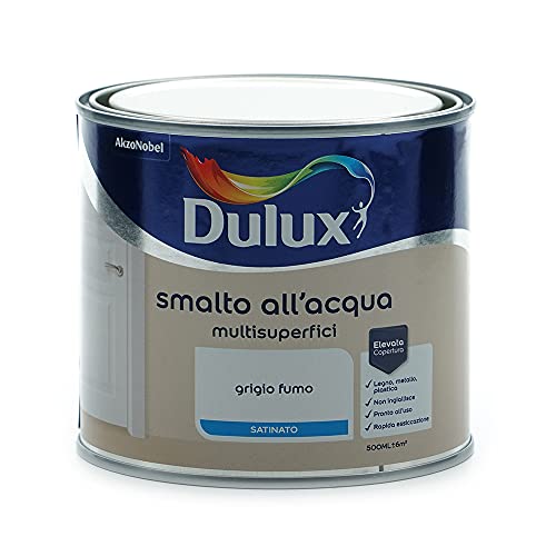 Dulux Smalto Satinato all'Acqua per Metallo Plastica e Legno Pronto all'Uso per Esterni e Interni, 0.5 Litri, Grigio Fumo