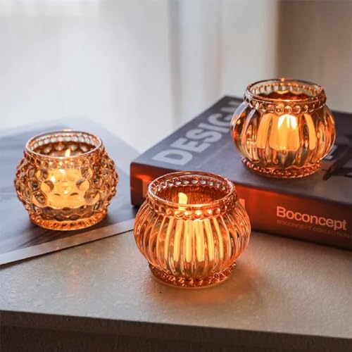 4 Castiçal Porta Vela Redondo De Vidro Ambar Decoração
