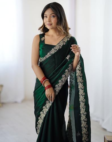 Image of SIRIL Women's Tissue Silk Sequence Embroidery Saree with Unstitched Blouse Piece