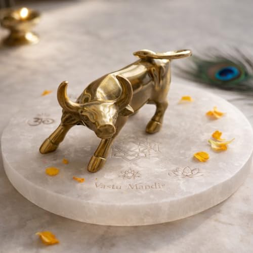 Image of Brass Charging Bull Statue, Vastu Feng Shui Remedy for Wealth and Prosperity, Solid Brass with Golden Finish, 14x10x10 cm, Office Desk Showpiece