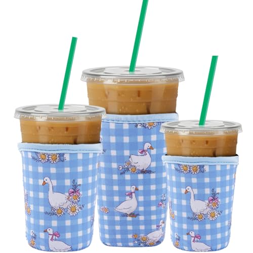 Image of 3 Packs Reusable Iced Coffee Sleeves Blue White Plaid Goose Drink Sleeve