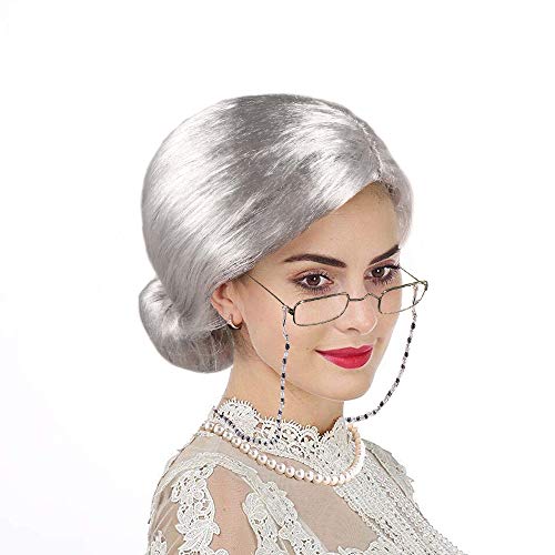Old Lady Cosplay Set - Grandmother Wig, Wig Cap,Madea Granny Glasses, Eyeglass Chains Cords Strap, Pearl Beads (Style-5) - Thumbnail 2