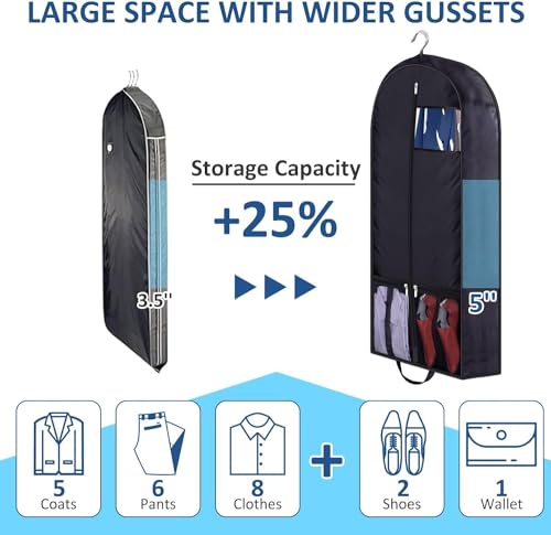 Habrur Clothes Cover 2pcs Garment Bags With 5''Gussets Suit Bag Closet Storage Hanging Clothes Bag Suit Bags, 60*110cm, Black2