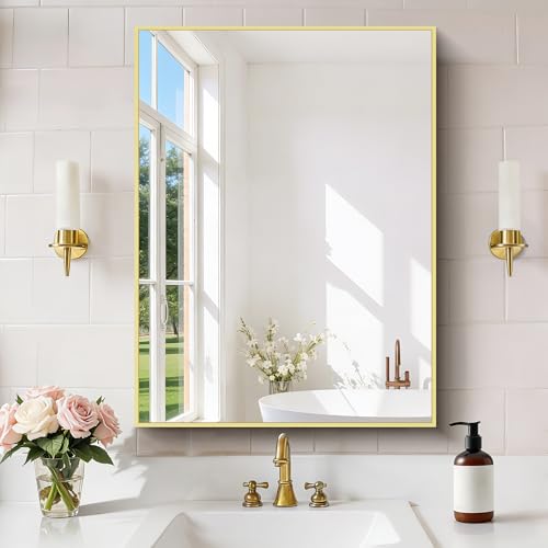Image of COFENY Gold Bathroom Mirror for Wall, 24x32 Inch Rectangle Mirror with Metal Frame, Modern Vanity Mirrors for Bathroom Living Room, Entryway Hangs Horizontal or Vertical