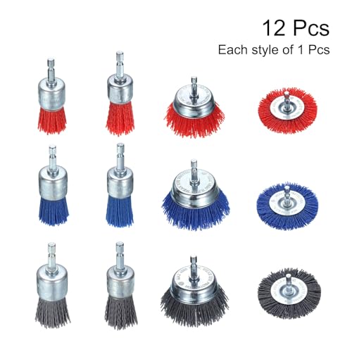 Image of HARFINGTON 12pcs Nylon Filament Wire Wheel Cup Brush for Drill, Abrasive Brushes Set with 1 /4 inch Hex Shank, 1 inch,1 1 /6 inch,3 inch, Used for Rust /Corrosion /Paint Removal and Scrub Surface