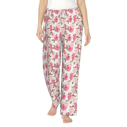 Pantalon de pyjama chaud femme hiver homewear rose floral avec taille élastique confortable