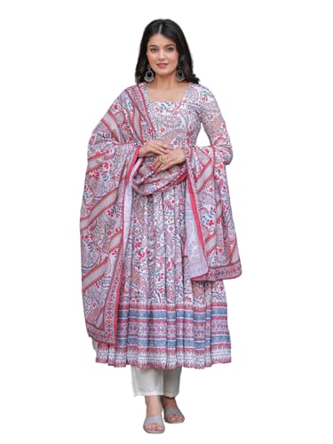 Image of Cotton Anarkali Shiffly Work with Floral Printed Anarkali Kurta Pant with Dupatta