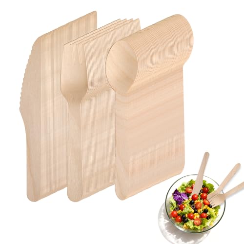 150 Stück Holzbesteck Set – 50 Gabeln, 50 Messer, 50 Löffel – Nachhaltiges Besteckset, umweltfreundliches Besteck Set als Alternative zu...