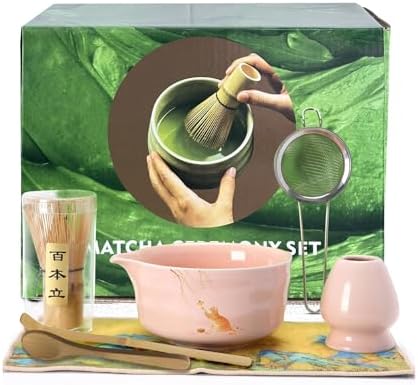 Matcha Whisk Set, 7PCS Matcha Set Includes Ceramic Matcha Set Includes Matcha Bowl, Matcha Whisk and Holder, Bamboo Scoop, Scoop Rest, Sifter and Tea Towel, Gift Bag (Pink)