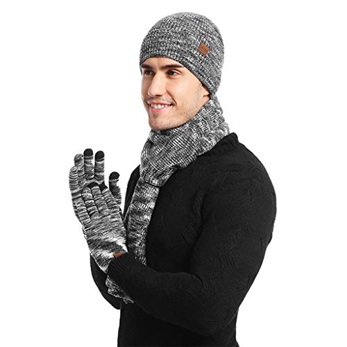 3 PCS Winter Beanie Hat Scarf Gloves Set for Men Women Warm Knit Cap Neck Warmer Mitten Set Stretch Mitten Set