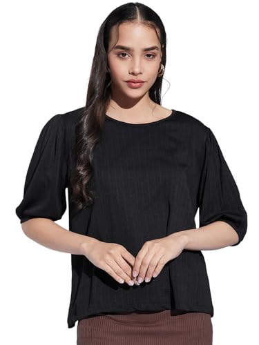 Image of Selvia Textured Lycra Plain Regular fit Round Neck Balloon Sleeve Stylish