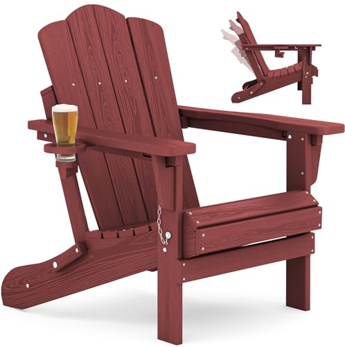 KINGYES Adjustable Folding Adirondack Chair, 3-Position Reclining Adirondack Chairs with Cup Holder, HDPE All-Weather Oversized Adirondack for Outdoor, Patio, Backyard Deck, Fire Pit, Red