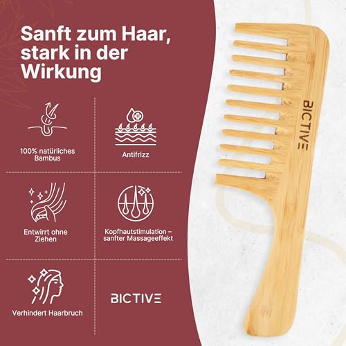 BICTIVE® Grober Kamm [Groß]. Holzkamm für Alle Haartypen. Lockenkamm Naturlocken aus Bambus, Styling Kamm, Wide Tooth Comb, Entwirrbürste Lange Haare, Breite Zinken für Damen und Männer. Anti-Frizz