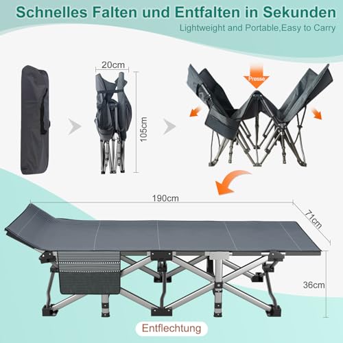 Obqer Klappbares Campingbett mit Matratze und Seitentaschen, 200KG Belastbarkeit Klappbett Gästebett, Stahlrahmen und Oxford Tuch Feldbett Klappbar, 190 x 71 x 36 cm, Geeignet für Garten Büro Camping