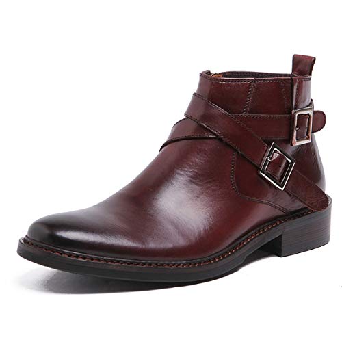Ankle Boot for Men High Top Boot Slip On StyleGenuine Leather Side Zipper Pointed Toe Cross Monk Strap Buckle Decor
