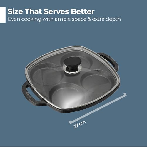 Image of Lifelong Cast Iron Multi Snack Pan with Glass Lid | Pre-Seasoned Naturally Non-Stick Cookware | 4-Pit Snack Pan for Uttapam, Appe, Eggs, Idli, & Pancakes | Durable & Toxin-Free | 3cm Deep, 33cm Wide