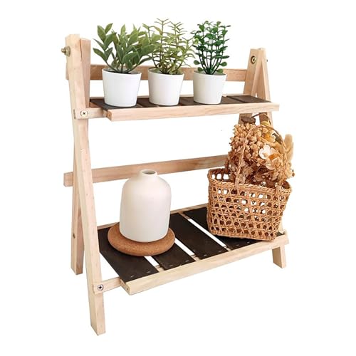 Wnvivi Soporte para plantas de 2 niveles, estante de escritorio de madera de 13.7 pulgadas, estantes plegables de almacenamiento de escritorio, mini estante de exhibición de macetas de escritorio para