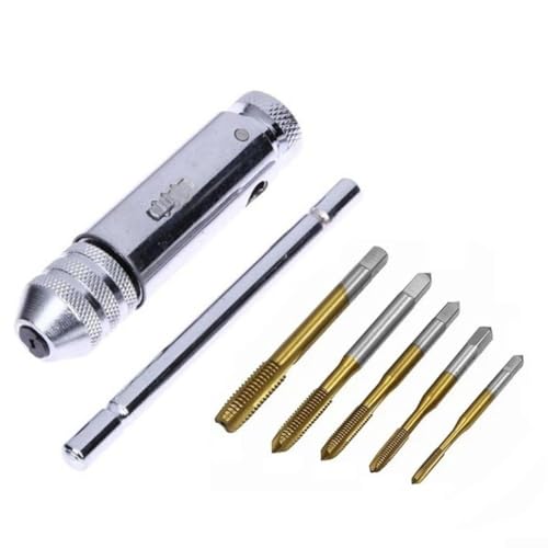 Durashmall Set di chiavi a cricchetto regolabili con impugnatura a T, supporto manuale in acciaio con finitura placcata in titanio per maschiatura e alesatura filettature M5 M6 M8, kit di 6 utensili