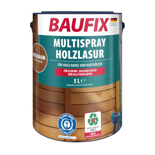 BAUFIX Multispray Holzlasur nussbaum, seidenglänzend, 5 Liter, Holzlasur, zum Sprühen für alle Nadel- und Harthölzer, für Elektro- und Becherpistolen