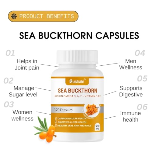 Image of Sushain Sea Buckthorn Capsules | Omega 3, Omega 6, Omega 7, Omega 9 + Natural Vitamin C | Liver, Heart & Skin Health | Immunity & Antioxidant Support | Ayurvedic Supplement (Pack-2)