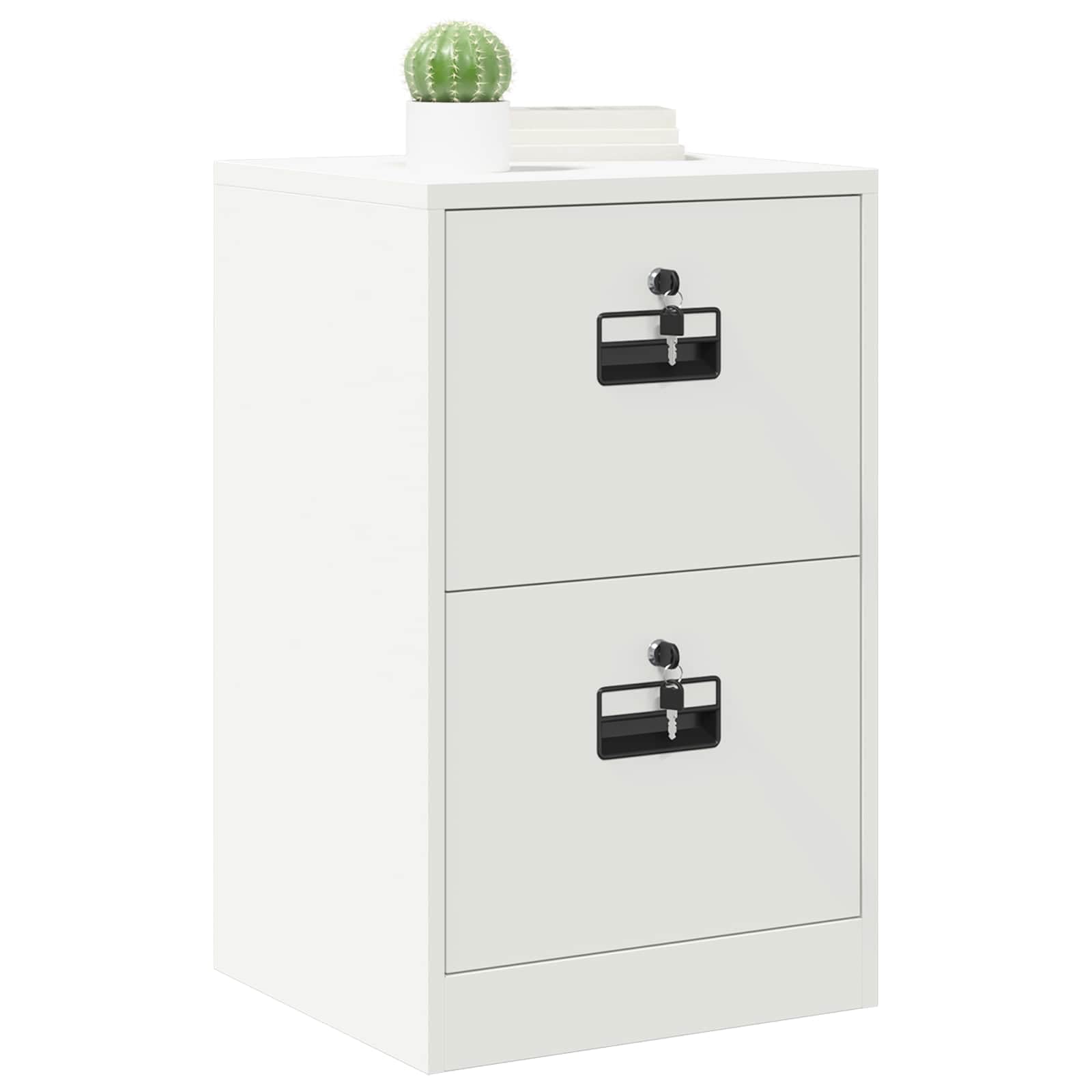 Aktenschrank Weiß, Rollcontainer aus Metall 45,5x42x74,5cm, Büroschrank mit 2 Schubladen, Abschließbarer Beistellschrank aus Kaltstahl für Dokumente und Büroorganisation