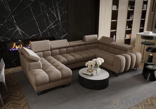 Friderik Sofá esquinero Aspen Max II en forma de U, función de descanso, 195 x 350 x 170 cm, con cajonera (beige, derecha)