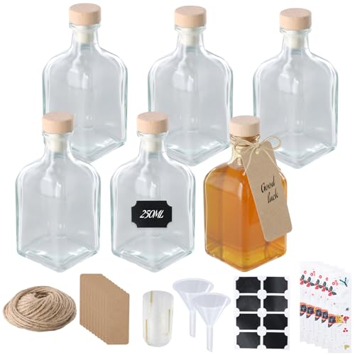 QINGZY 6 Pezzi Bottiglie in Vetro da 250 ml con Tappo in Sughero, Etichette, Imbuto, Spago e Cartellini, Bottiglie Vuote Riutilizzabili per Olio, Liquori, Grappa, Bevande Fatte in Casa, Cucina