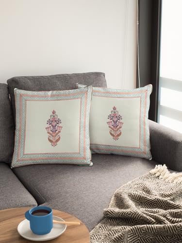 Image of Zahrat Hand Block Printed Cushion Cover Set | Cushions Cover for Home & Office | 100% Cotton Fabric | Size - 16 x 16 Inches | Pack of 2 Cushion Covers | Color - White