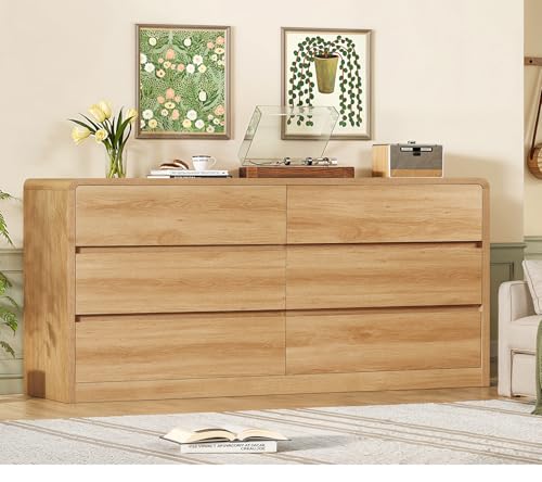 Image of TEENFON 55 inch Dresser for Bedroom with 6 Drawers, Dressers & Chests of Drawers with Curved Profile Design, 6 Drawer Dresser, Bedroom Dressers, Wood Dressers for Bedroom, Hallway, Natural