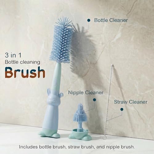 Image of TONY STARK Baby 3-in-1 Silicone Bottle Cleaning Brush Set | 360 Rotatable Handle, BPA-Free Soft Bristles for Cleaning Bottles, Nipples & Pacifiers Safely (Blue)