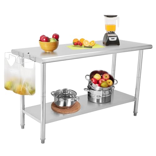 NSF Stainless Steel Prep Table, 60x24 in Heavy Duty Work Table with Adjustable Undershelf, Detachable Trash Bag Holder, Metal Workbench Workstation for Home Kitchen Restaurant