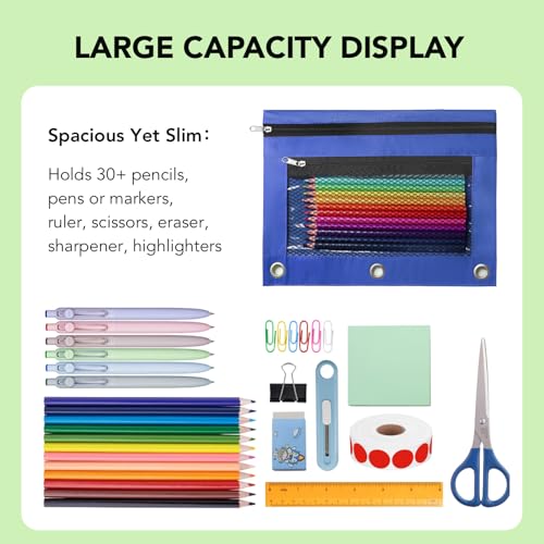 Image of Pencil Pouch for 3 Ring Binder, Heavy Duty Canvas Dual Zipper Pen Bag with Clear Window, Smooth Metal Zipper, Fit Standard 3-Ring Binders for School Office Travel Supplies (Blue)
