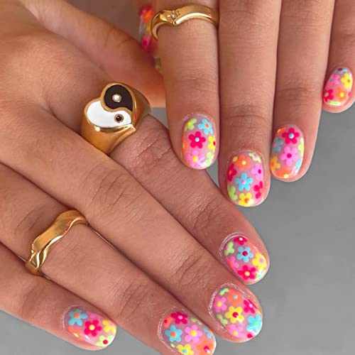 24Pcs Press On Nails Short Colorful Flower Square Fake Nails Cute Glue On Nails False Nails With Designs Floral Acrylic Stick On Nails Reusable Artificial Nails For Women Girls #TOP12