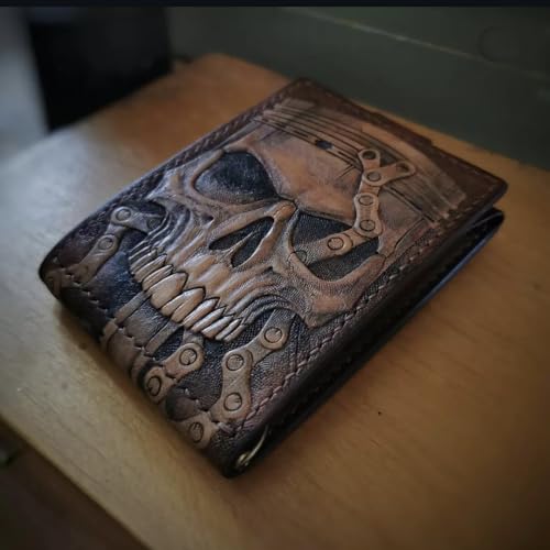Men's 3D Genuine Leather Wallet, Hand-Carved, Hand-Painted, Leather Carving, Custom wallet, Personalized wallet, Skull, Gear Head Design, Wrench, Spanner, Skeleton, Bone, Biker, Spark Plug2